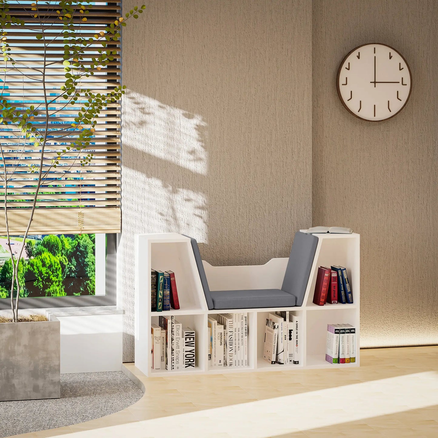 HOMCOM Bookcase with Cushioned Seat – Storage Cube Shelf Reading Bench, White
