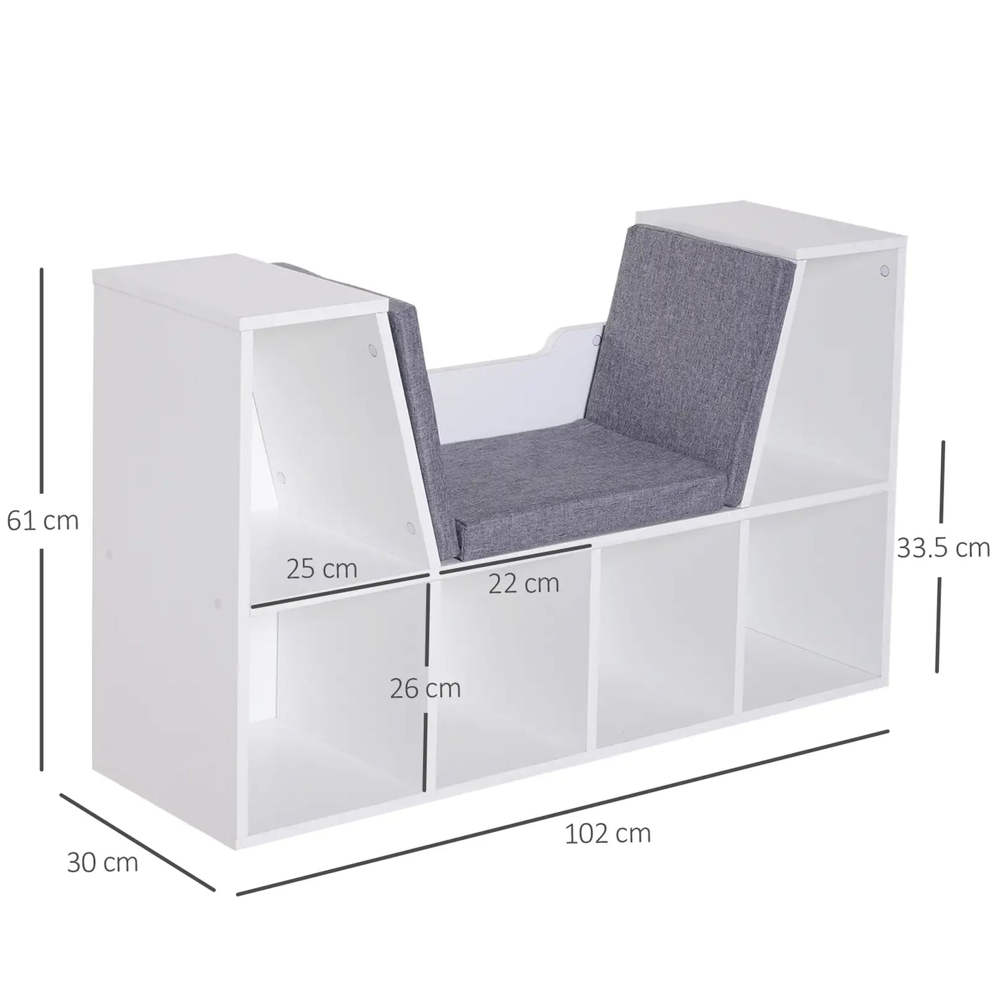 HOMCOM Bookcase with Cushioned Seat – Storage Cube Shelf Reading Bench, White