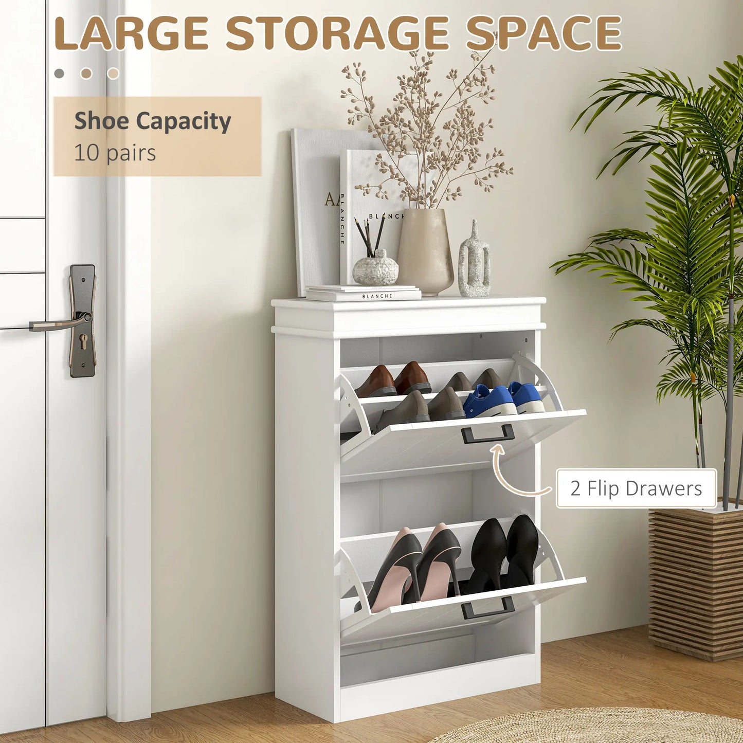HOMCOM Slim Shoe Cabinet – 2 Drawer Storage Unit for 10 Pairs, White