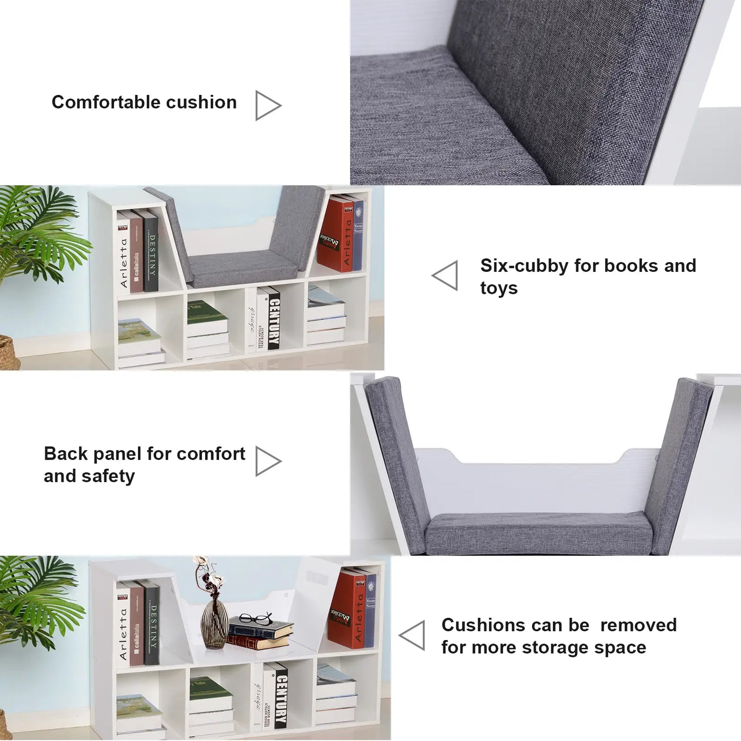 HOMCOM Bookcase with Cushioned Seat – Storage Cube Shelf Reading Bench, White