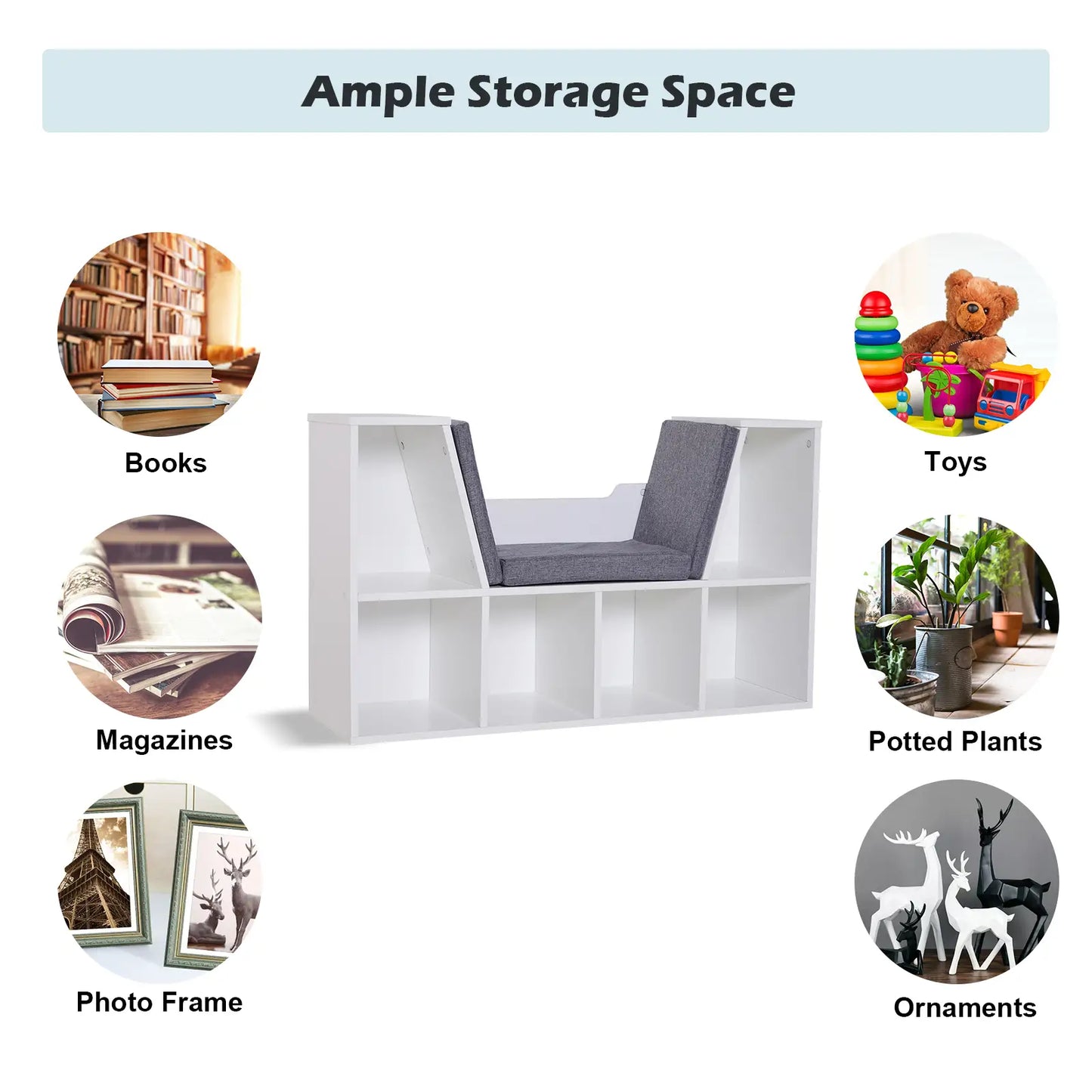 HOMCOM Bookcase with Cushioned Seat – Storage Cube Shelf Reading Bench, White