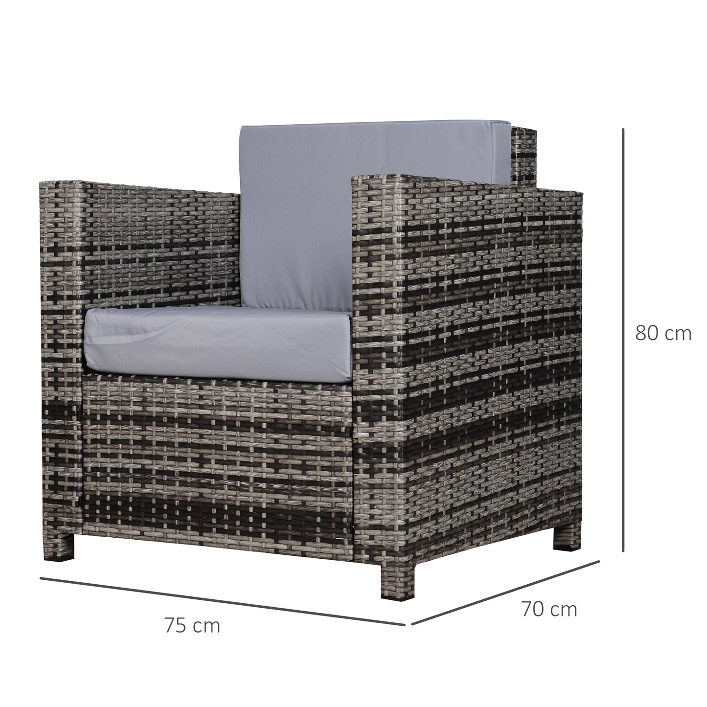 Rattan Garden Armchair 10cm Cushion Outdoor Single Chair with Steel Frame - Grey
