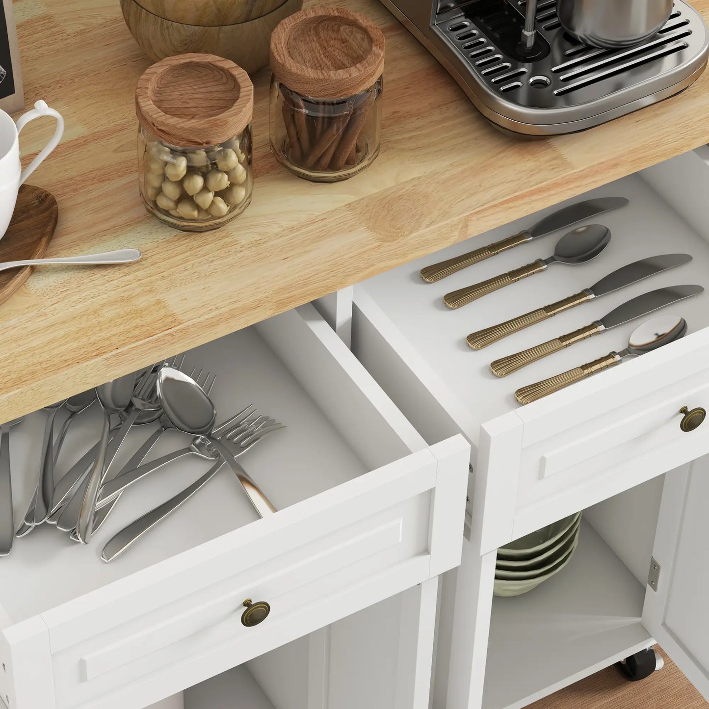 Kitchen Island Storage Rolling Trolley with Rubber Wood Top & Drawers in Cream White