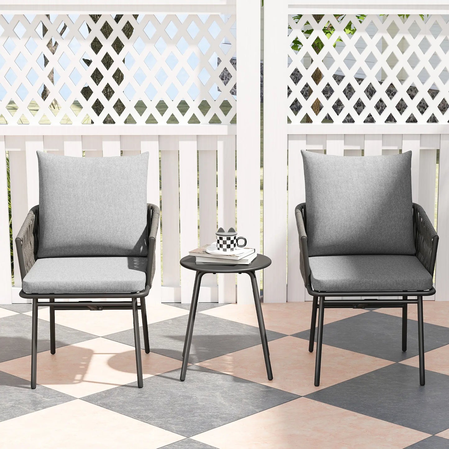 3-Piece Rattan Bistro Set, Garden Table and Chairs with 4 Cushions in Grey