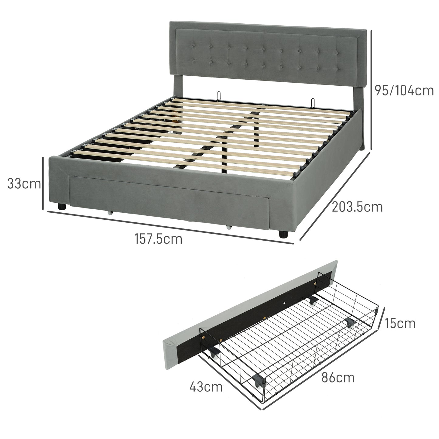 HOMCOM King Size Ottoman Bed Frame with Front Drawer in Grey