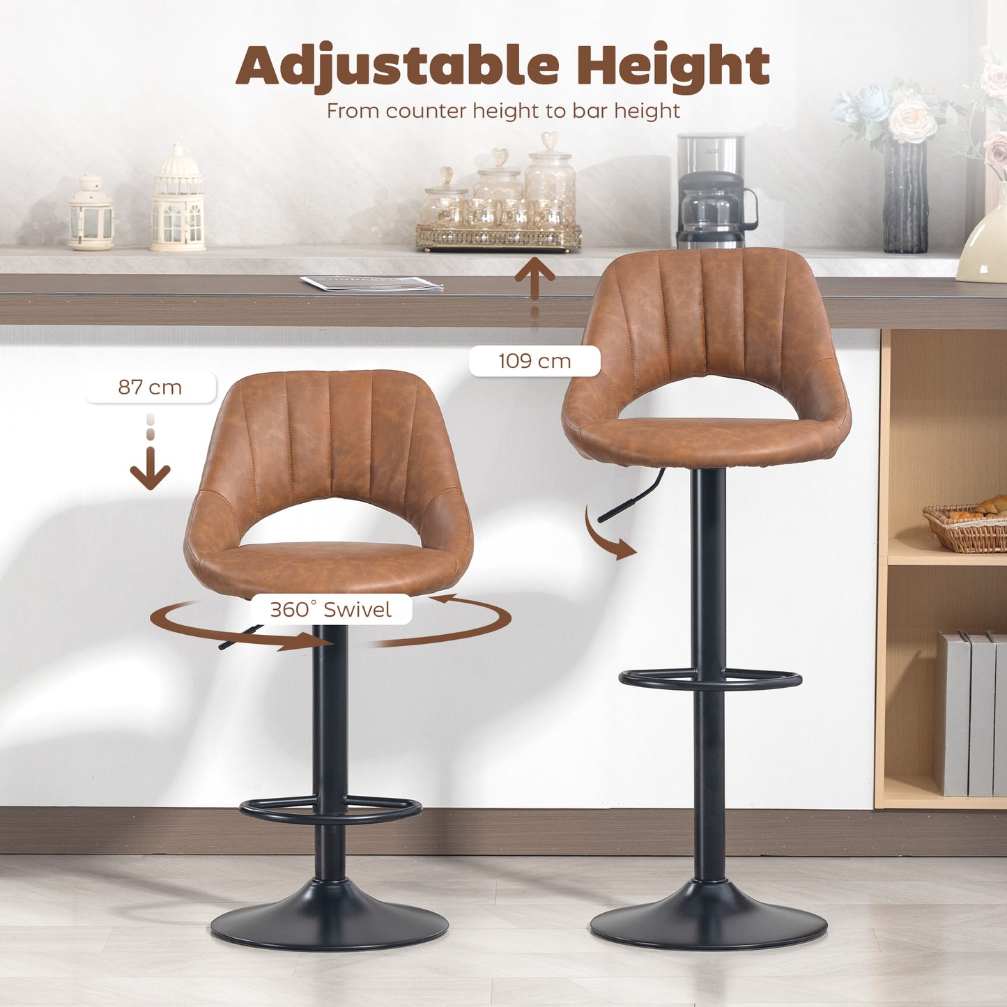 Faux Leather Bar Stools - Set of Two (x2) in Brown