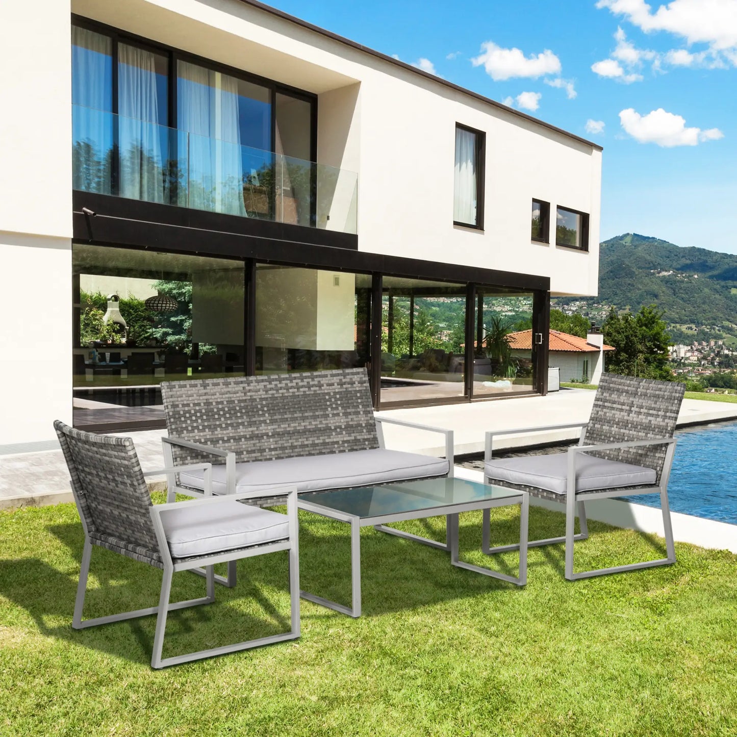 4PC Rattan Garden Furniture Set with 2 Single Sofa Arm Chairs and 1 Bench with Cushions