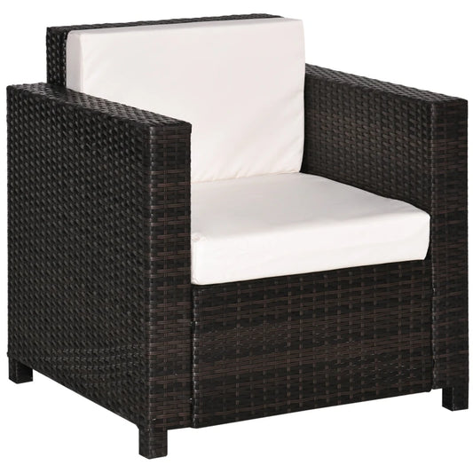 Single Seater Rattan Chair, PE Wicker Garden Armchair with 10 cm Thickened Cushion - Brown