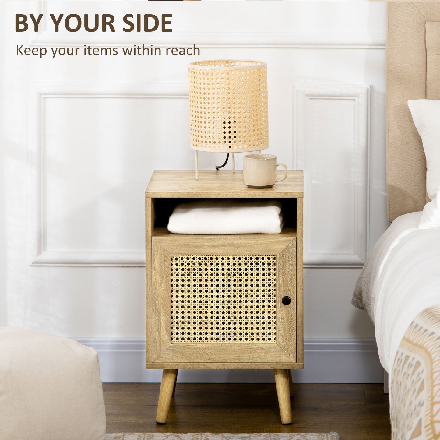HOMCOM Bedside Table-Cupboard with Rattan Element (Set of 2 - Pair)