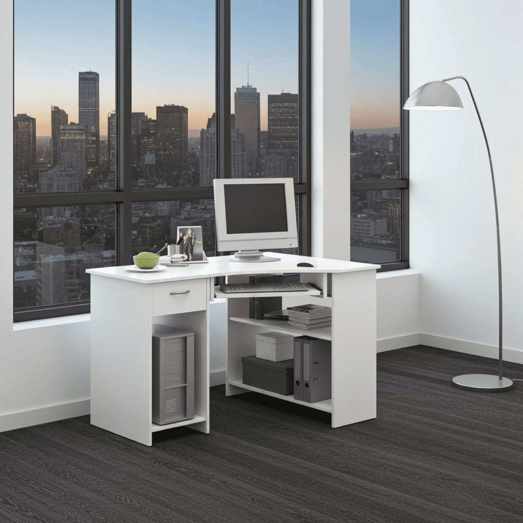 Alex White Corner Desk with Drawer and Shelves