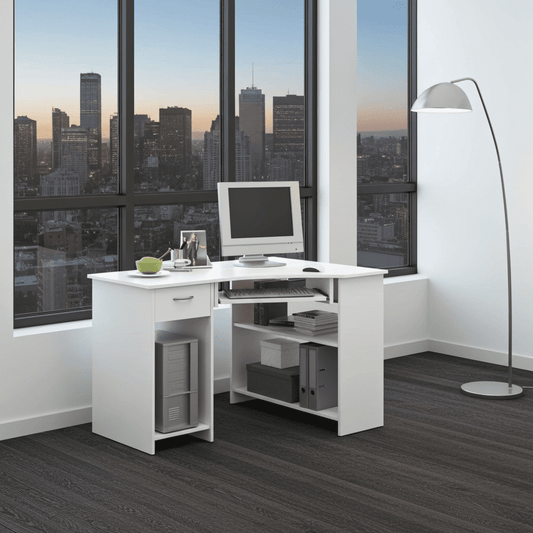Alex White Corner Desk with Drawer and Shelves