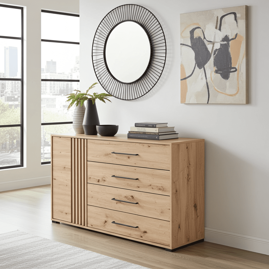 Asmara Oak Effect And Black 4 Drawer Sideboard
