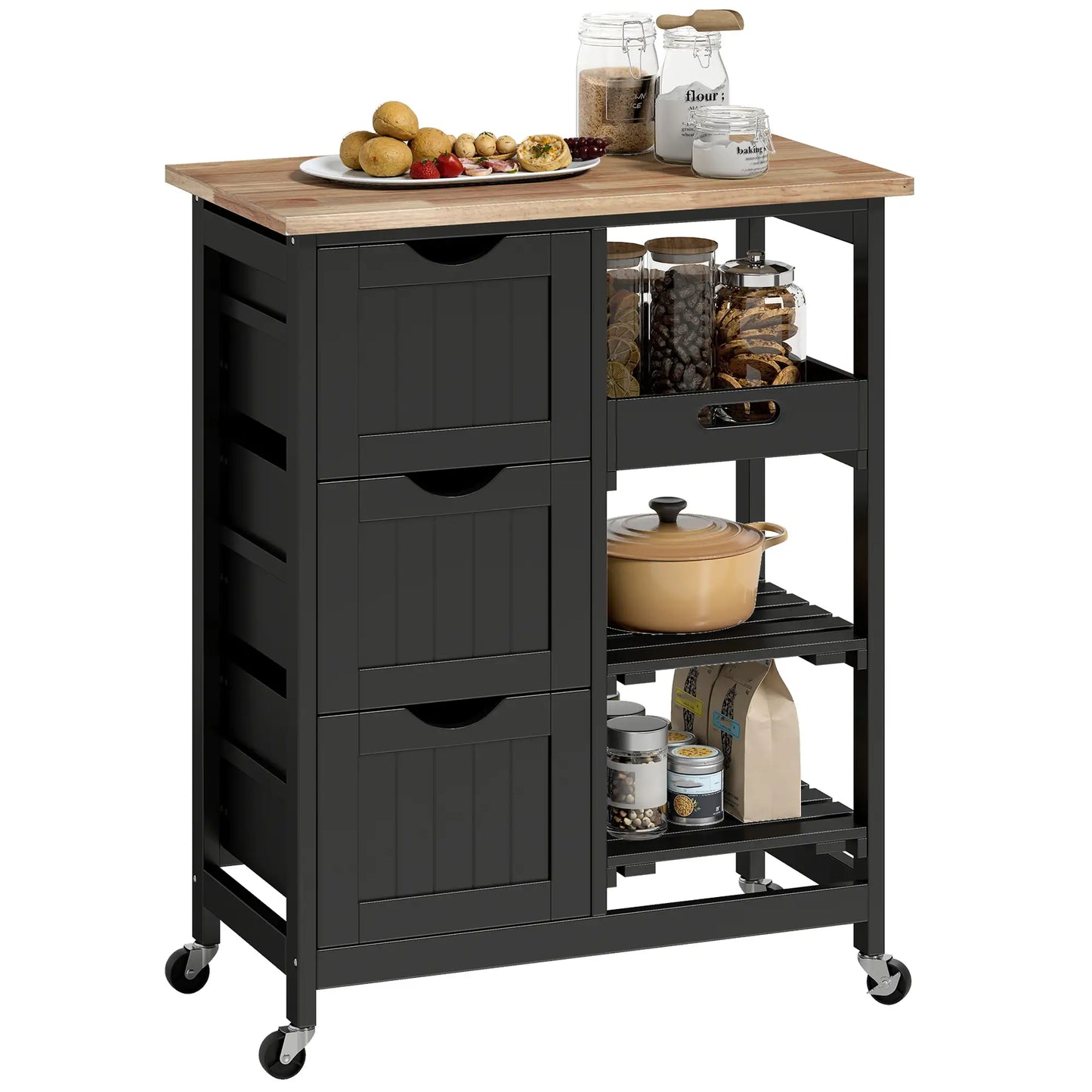 HOMCOM Black Kitchen Island Cart with Drawers, Shelves & Wooden Top – Rolling Storage Trolley