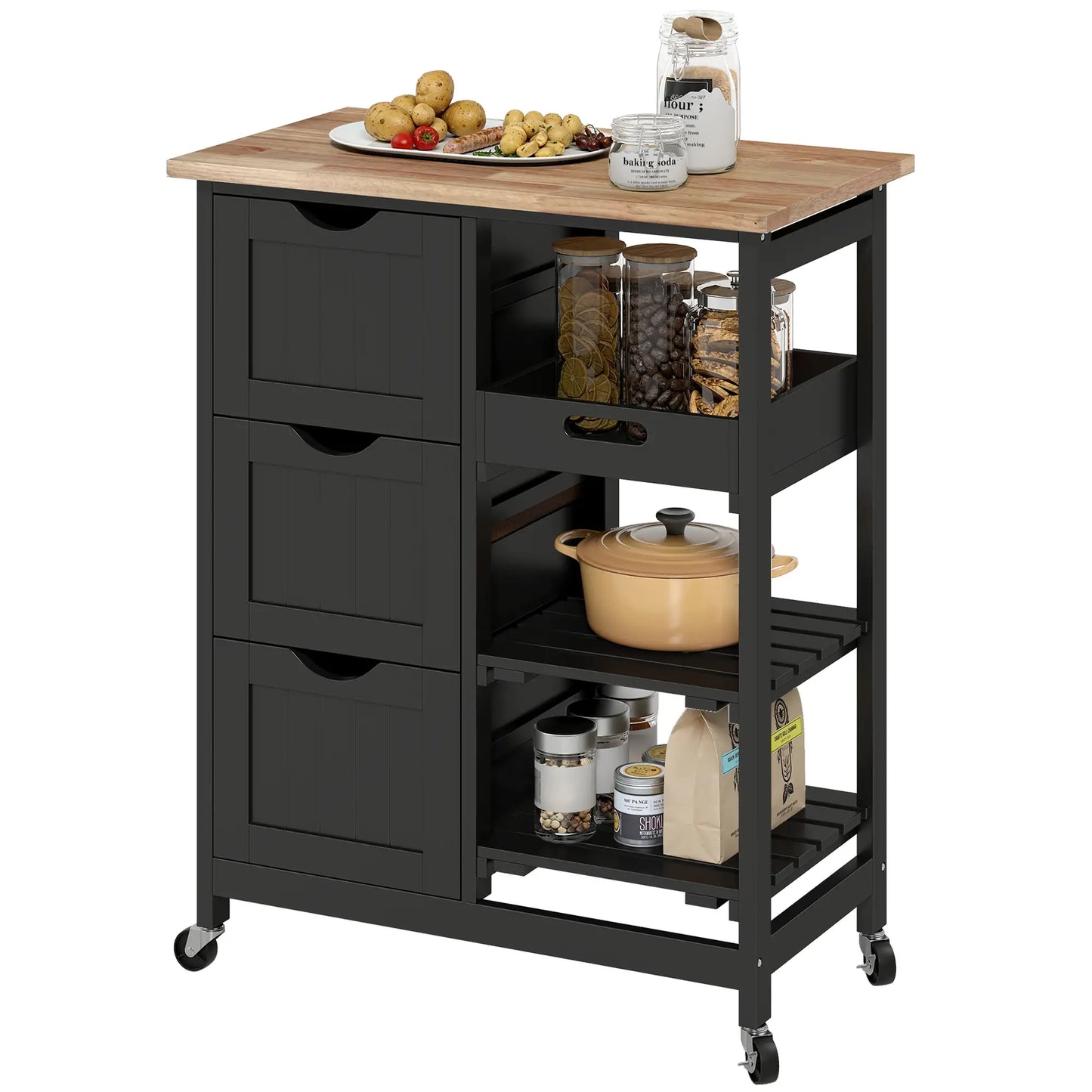 HOMCOM Black Kitchen Island Cart with Drawers, Shelves & Wooden Top – Rolling Storage Trolley