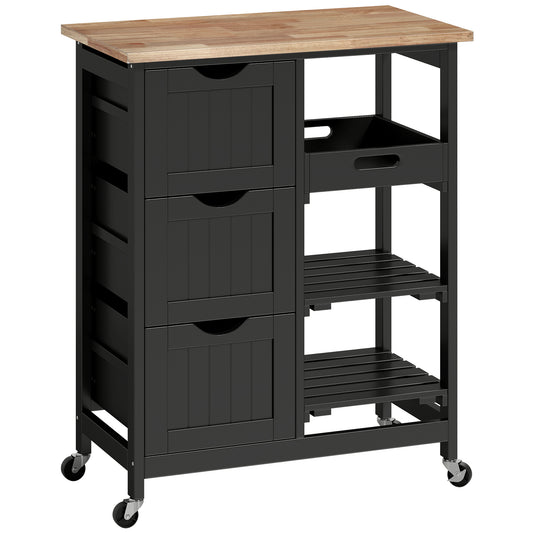 HOMCOM Black Kitchen Island Cart with Drawers, Shelves & Wooden Top – Rolling Storage Trolley