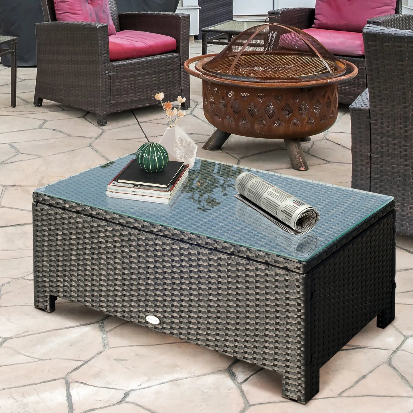 Outsunny Black PE Rattan Outdoor Coffee Table with Tempered Glass Top