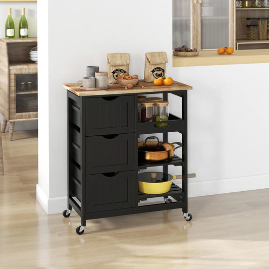 HOMCOM Black Kitchen Island Cart with Drawers, Shelves & Wooden Top – Rolling Storage Trolley