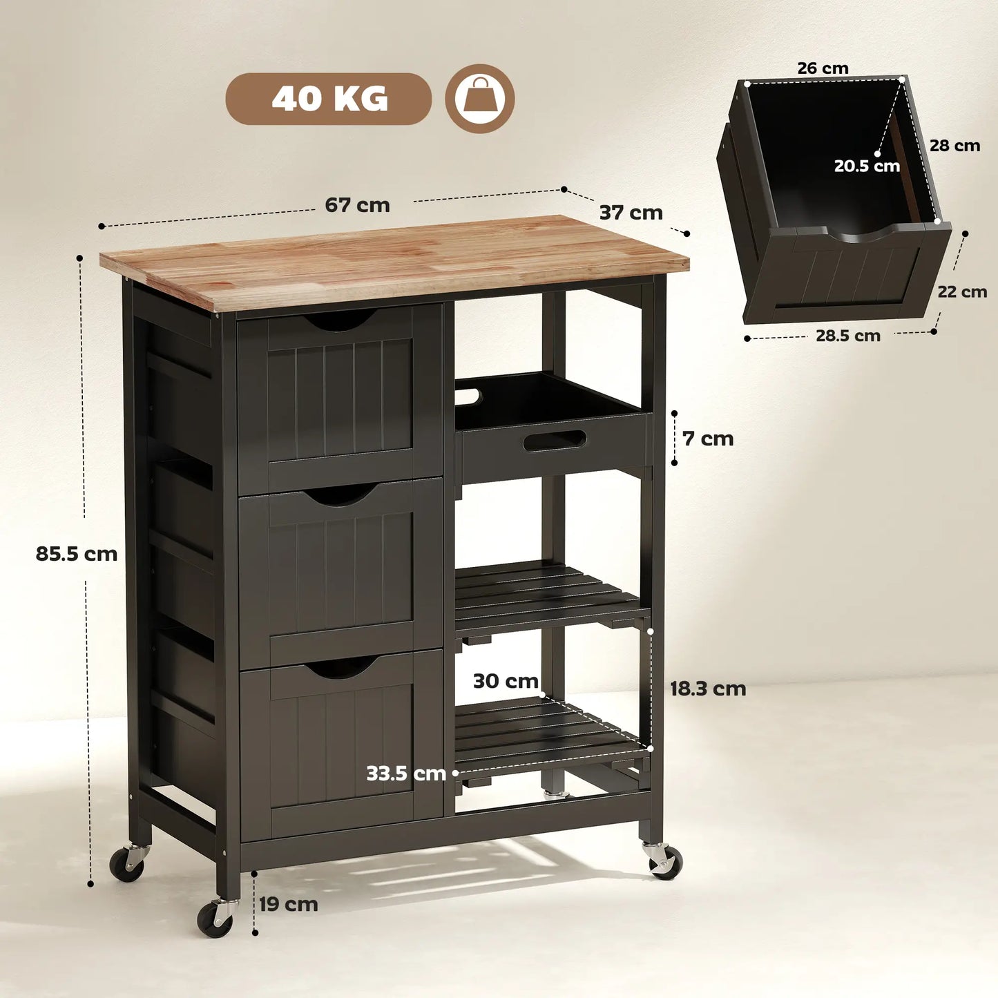 HOMCOM Black Kitchen Island Cart with Drawers, Shelves & Wooden Top – Rolling Storage Trolley