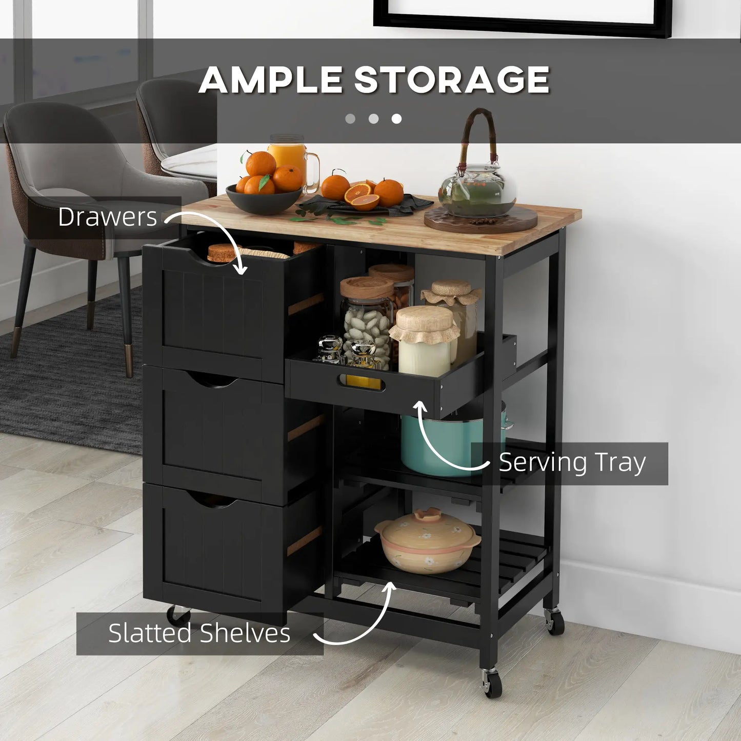 HOMCOM Black Kitchen Island Cart with Drawers, Shelves & Wooden Top – Rolling Storage Trolley