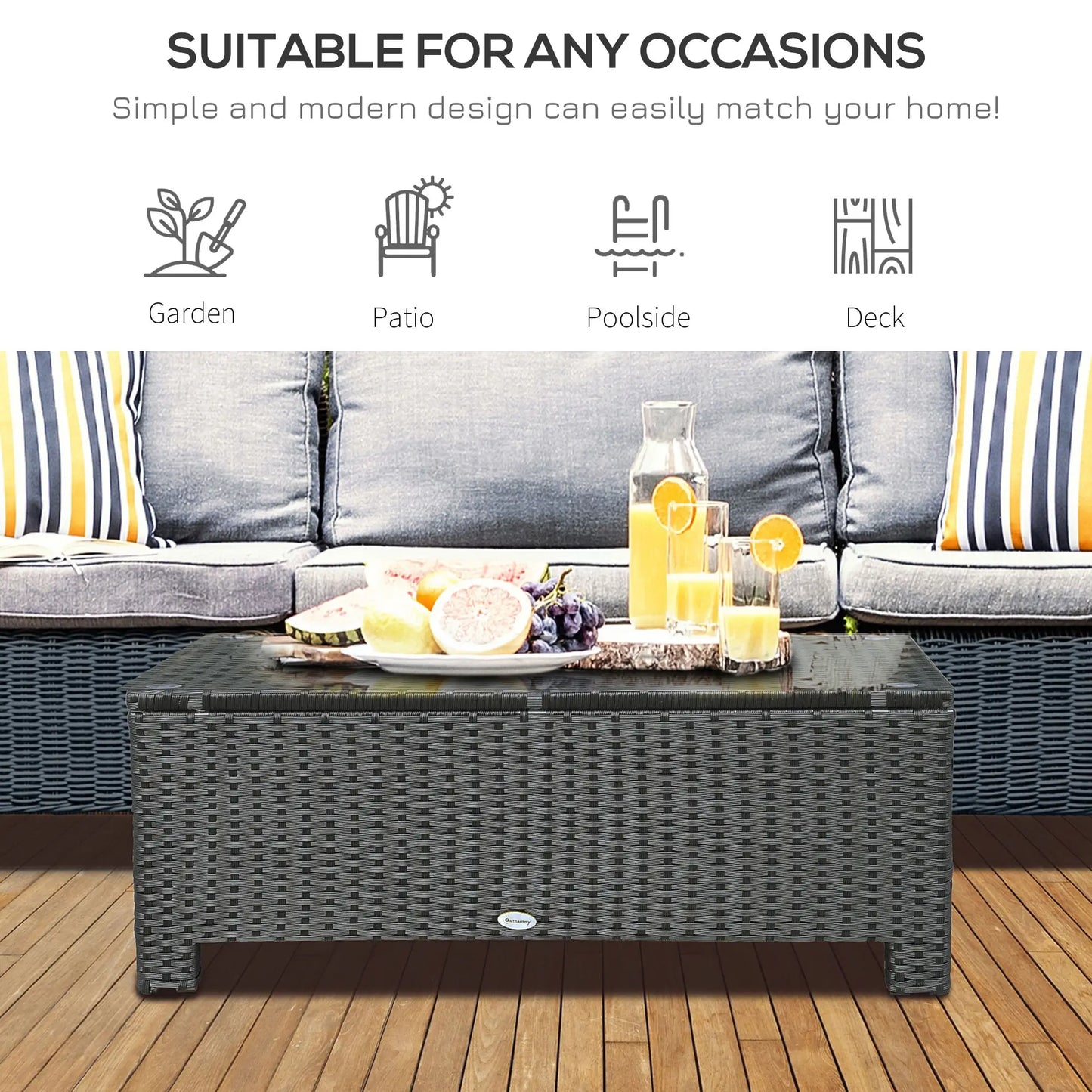 Outsunny Black PE Rattan Outdoor Coffee Table with Tempered Glass Top