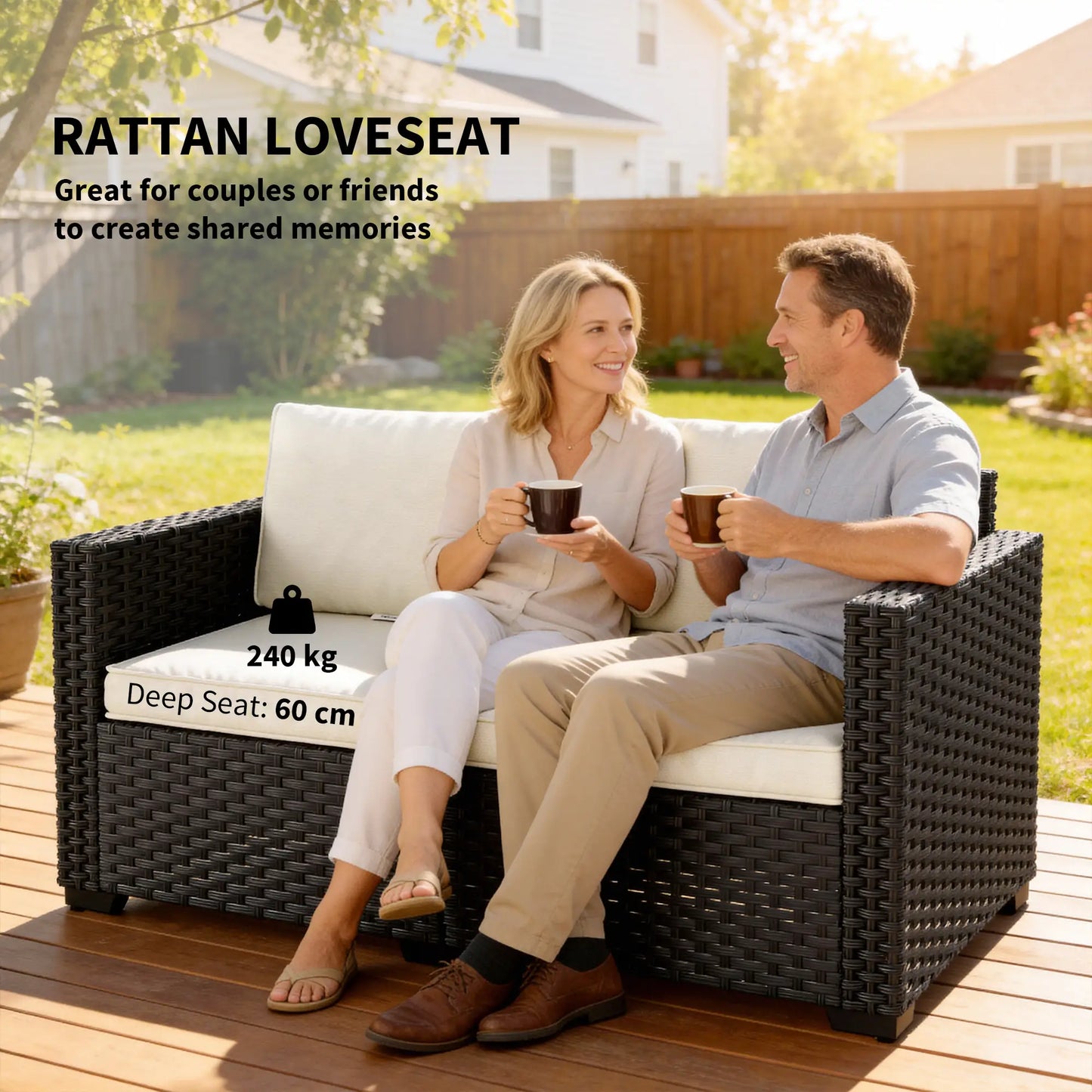 Outsunny 2 Seater Rattan Garden Sofa with Cushions – Outdoor Patio Balcony Seating Black