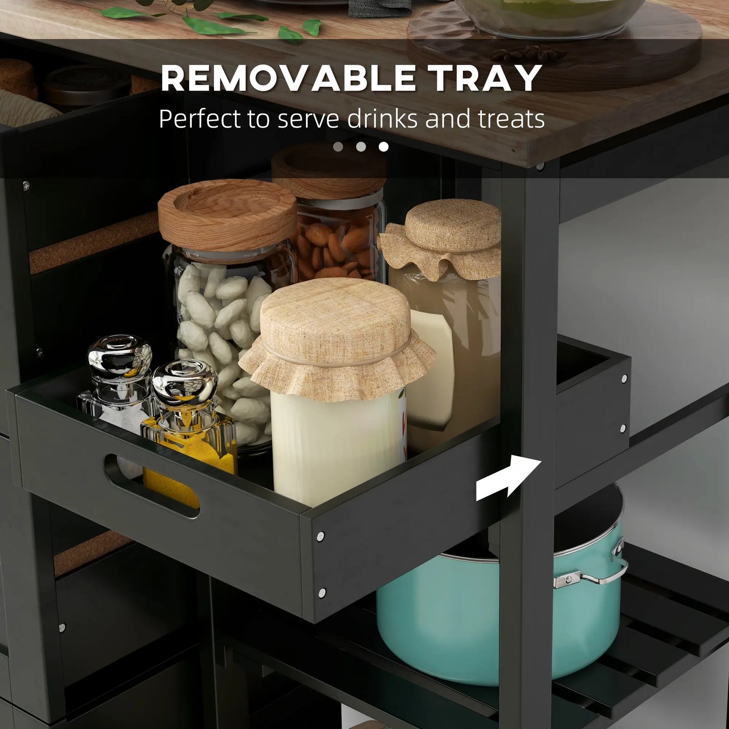 HOMCOM Black Kitchen Island Cart with Drawers, Shelves & Wooden Top – Rolling Storage Trolley