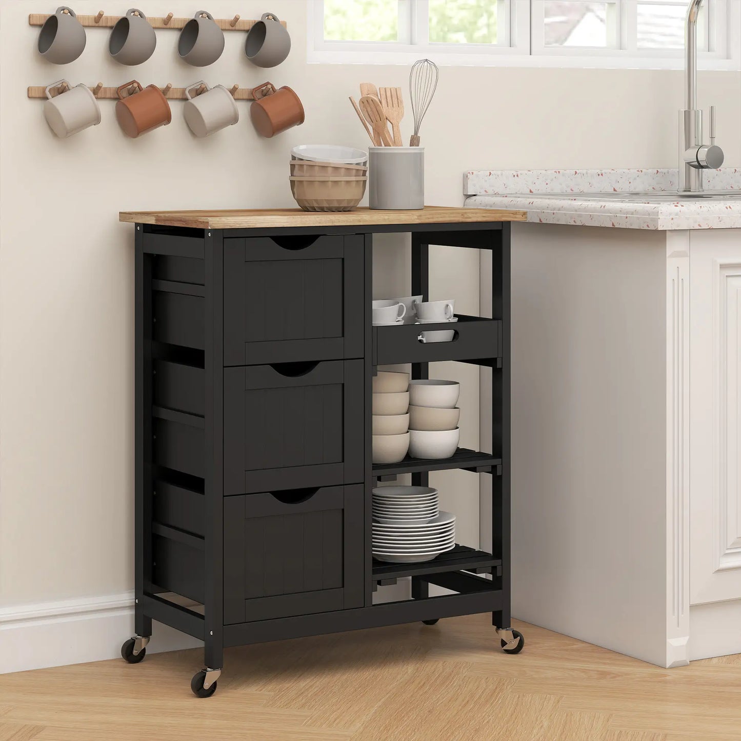 HOMCOM Black Kitchen Island Cart with Drawers, Shelves & Wooden Top – Rolling Storage Trolley