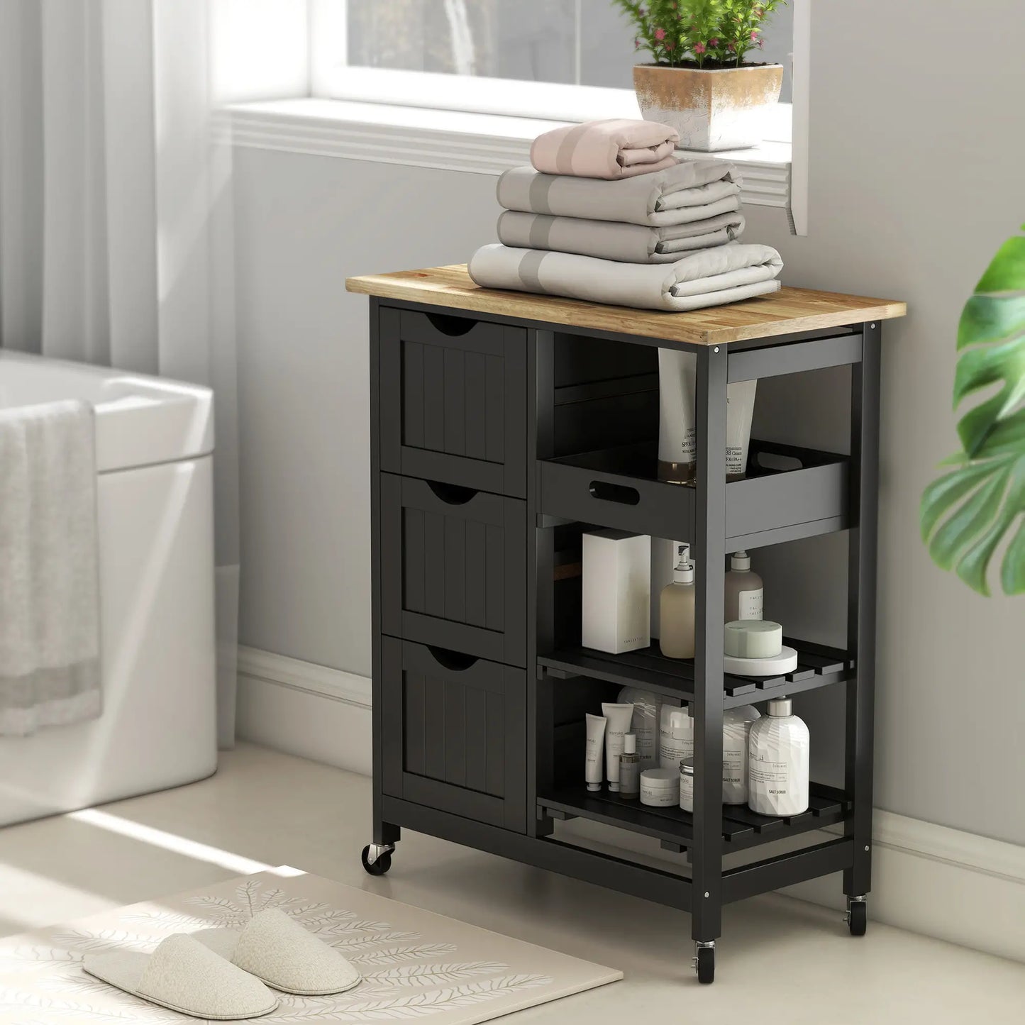 HOMCOM Black Kitchen Island Cart with Drawers, Shelves & Wooden Top – Rolling Storage Trolley