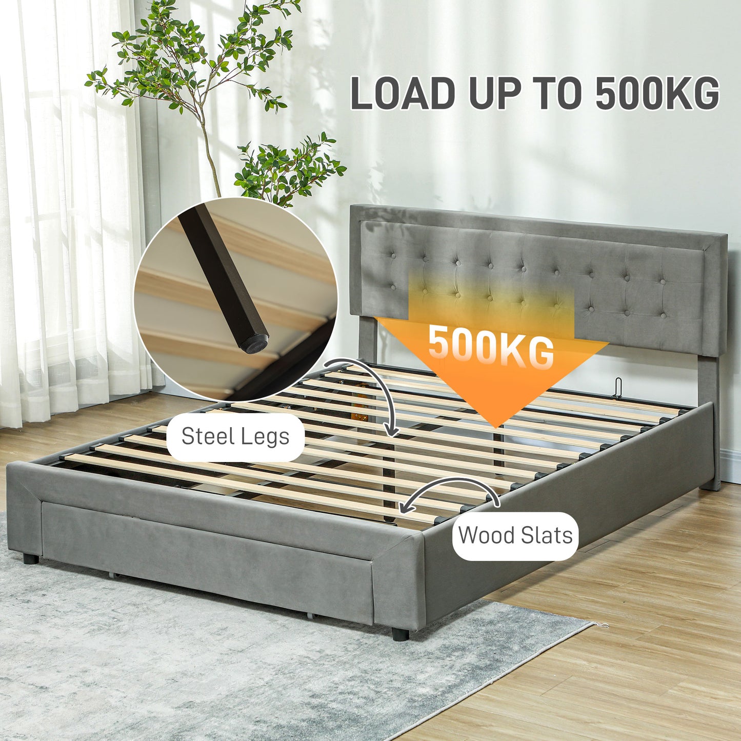 HOMCOM King Size Ottoman Bed Frame with Front Drawer in Grey