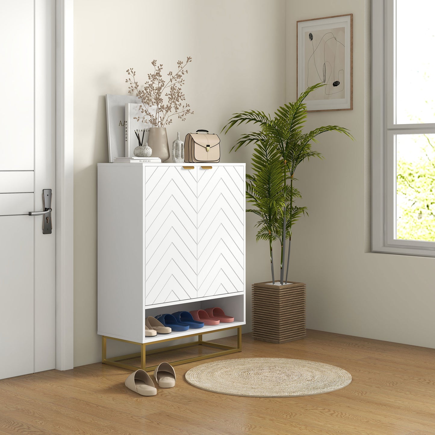 Modern Shoe Storage Cabinet -Cupboard with Open Shelf and Adjustable Shelf