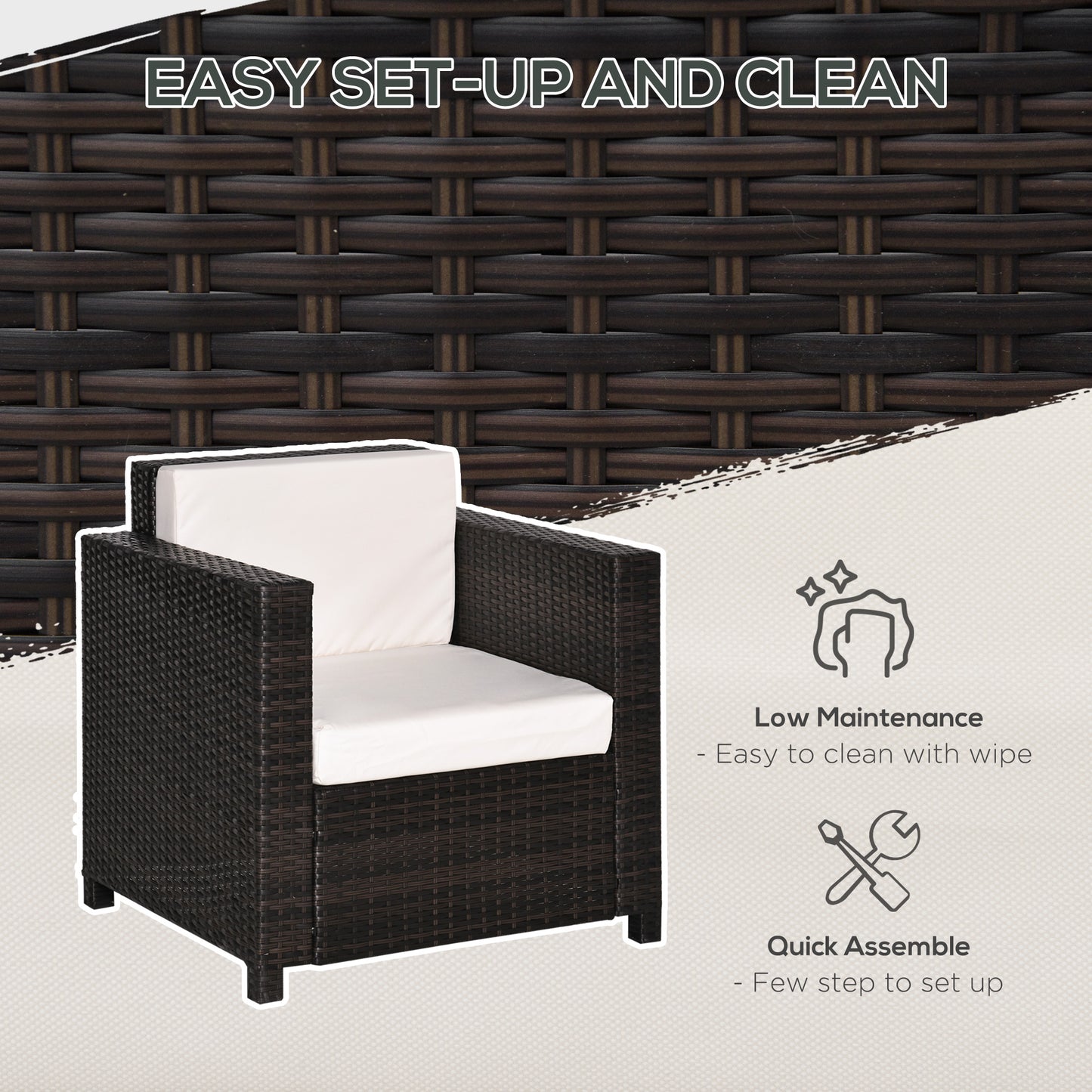Single Seater Rattan Chair, PE Wicker Garden Armchair with 10 cm Thickened Cushion - Brown