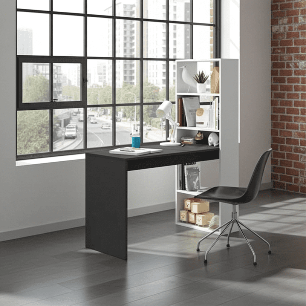 Double White and Grey Effect Computer Desk Table with Bookcase