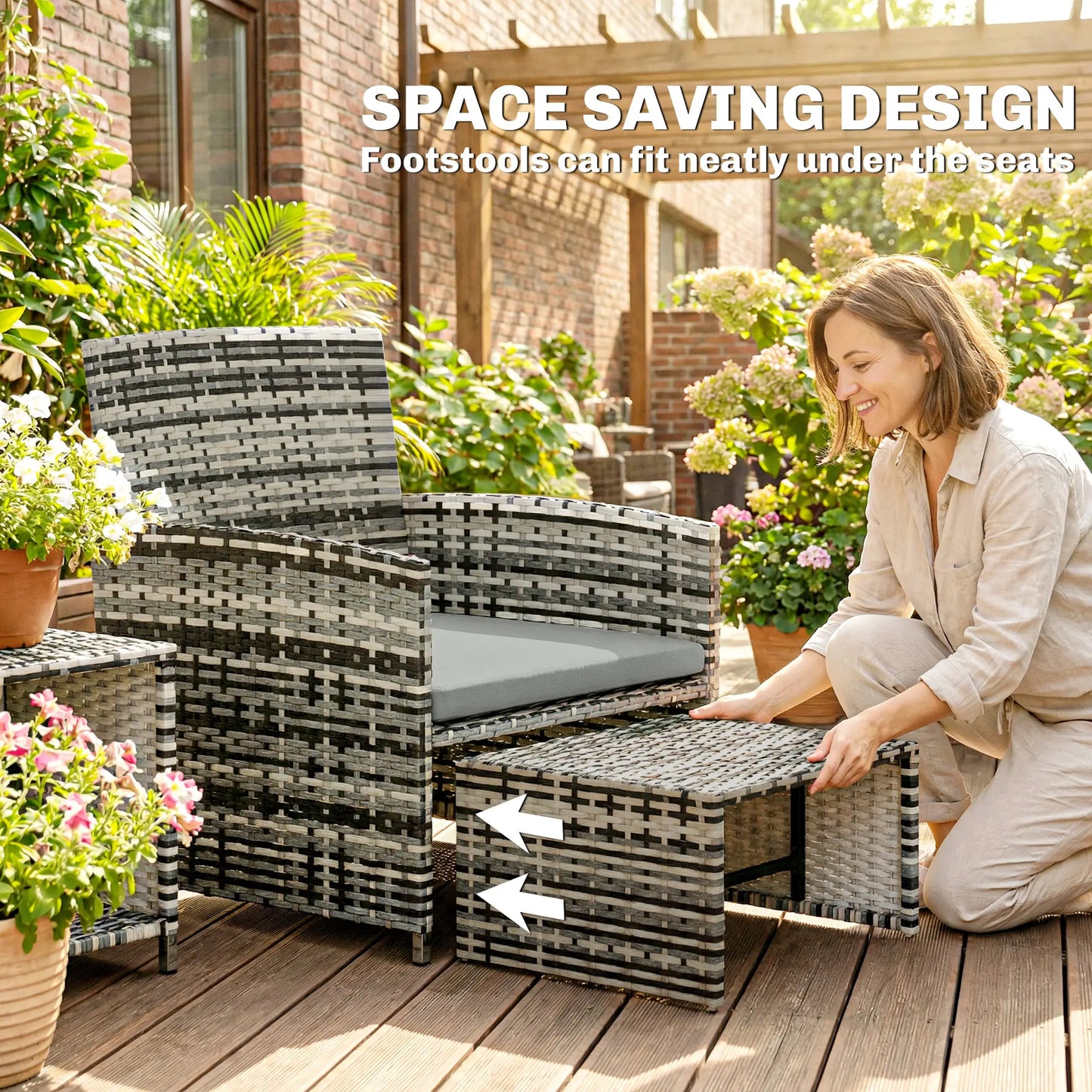 6 Piece Rattan Garden Furniture - Space-Saving Patio Furniture Set with Nesting Tables