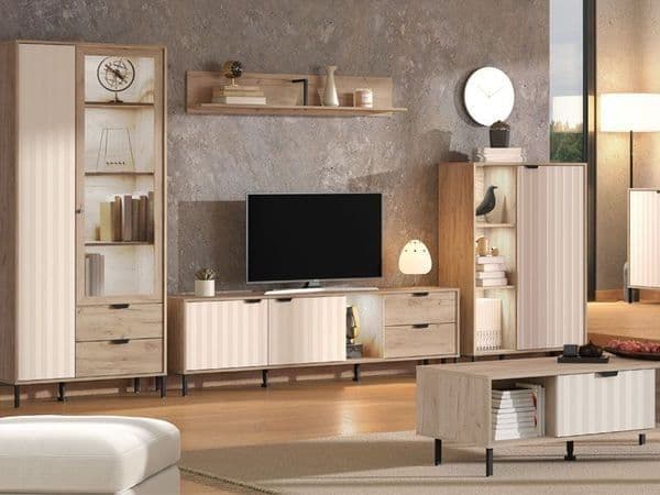 Azurro Grey Oak Effect Cashmere Slatted High Sideboard/Display Unit