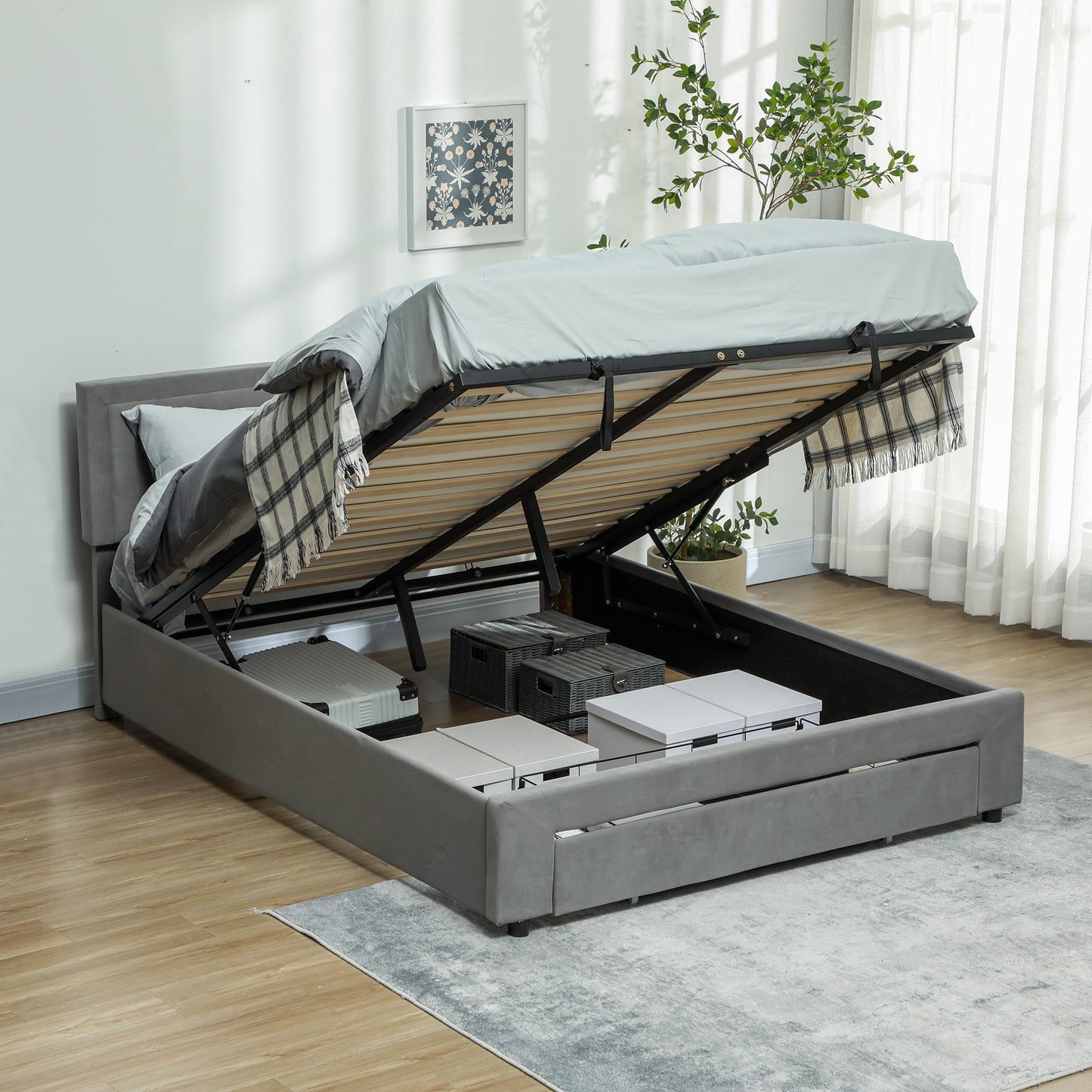 HOMCOM King Size Ottoman Bed Frame with Front Drawer in Grey