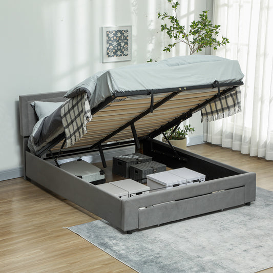 HOMCOM King Size Ottoman Bed Frame with Front Drawer in Grey