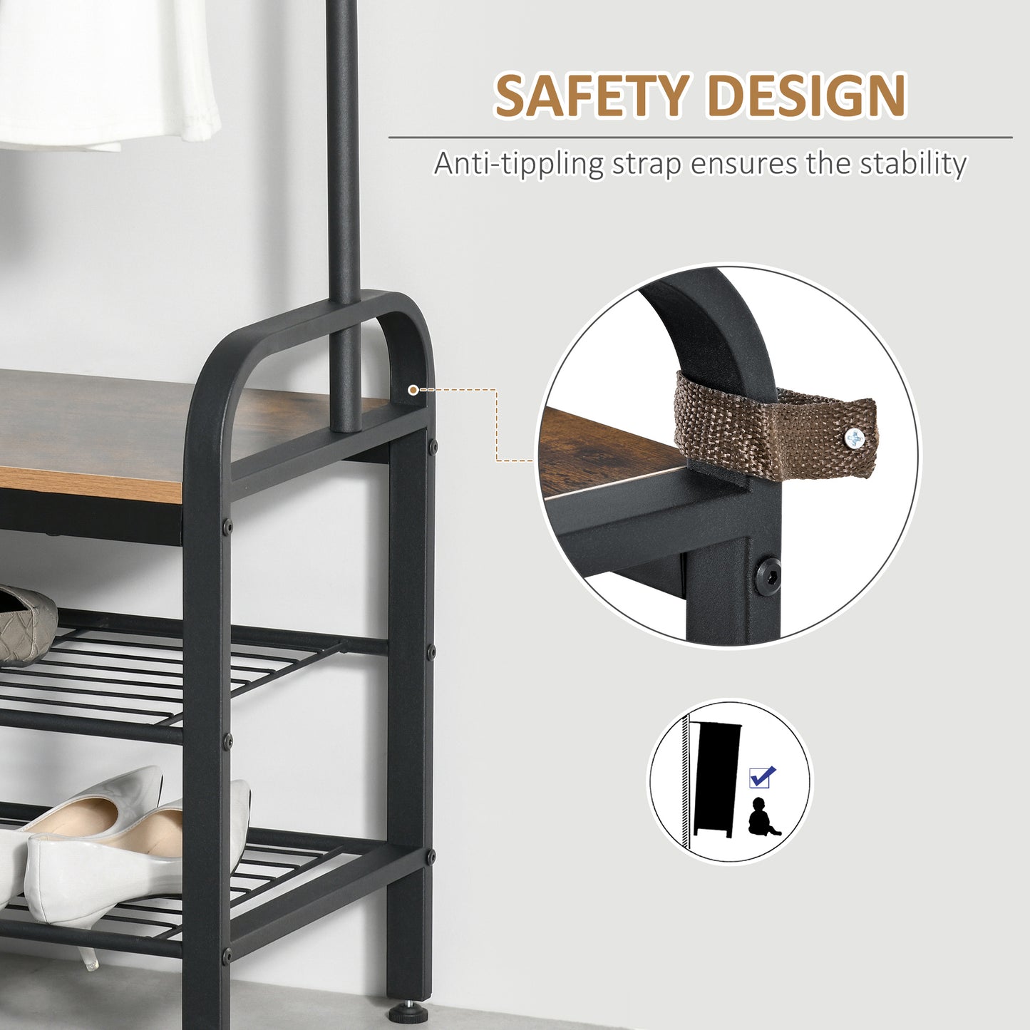 Coat and Shoe Rack Stand Industrial with Removable Hooks