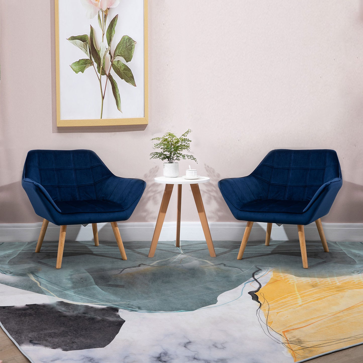 Accent Armchairs Set of 2 (Pair) (HOMCOM) Cushioned Vanity Chair with Wide Arms - Blue