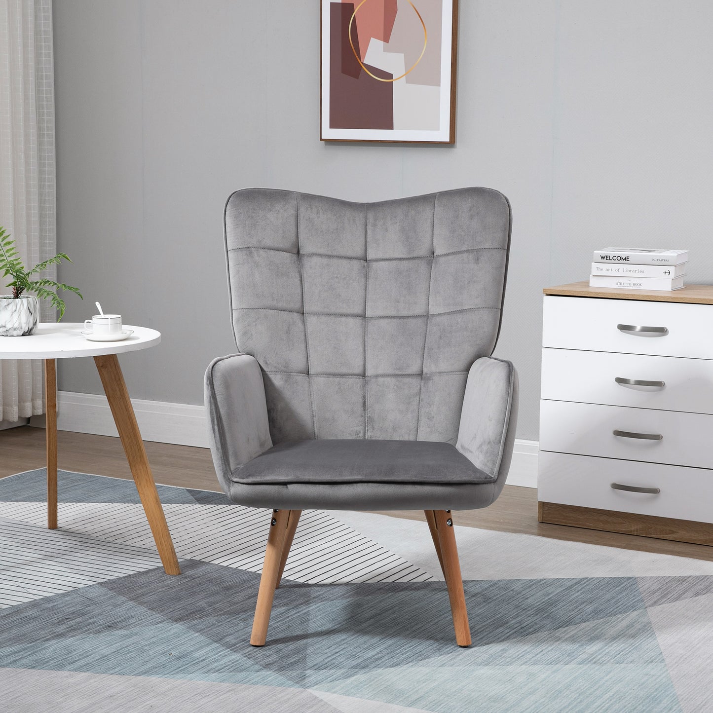 Accent Modern Armchair (HOMCOM) Cushioned Upholstered Velvet Tufted Wingback Leisure Armchair in Grey