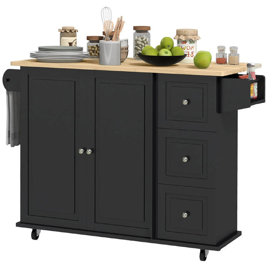 Black Kitchen Island Trolley with Rubberwood Top, Drawers & Storage Cabinets