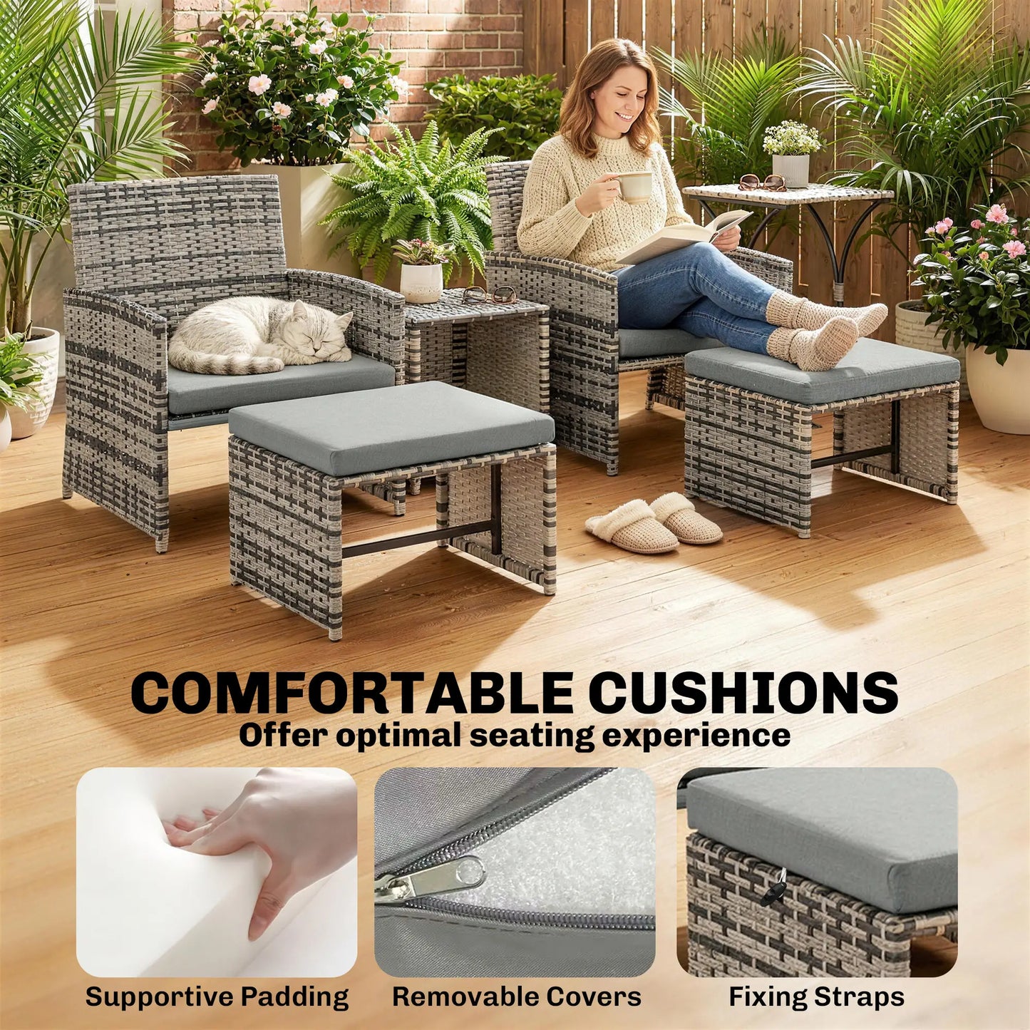 6 Piece Rattan Garden Furniture - Space-Saving Patio Furniture Set with Nesting Tables