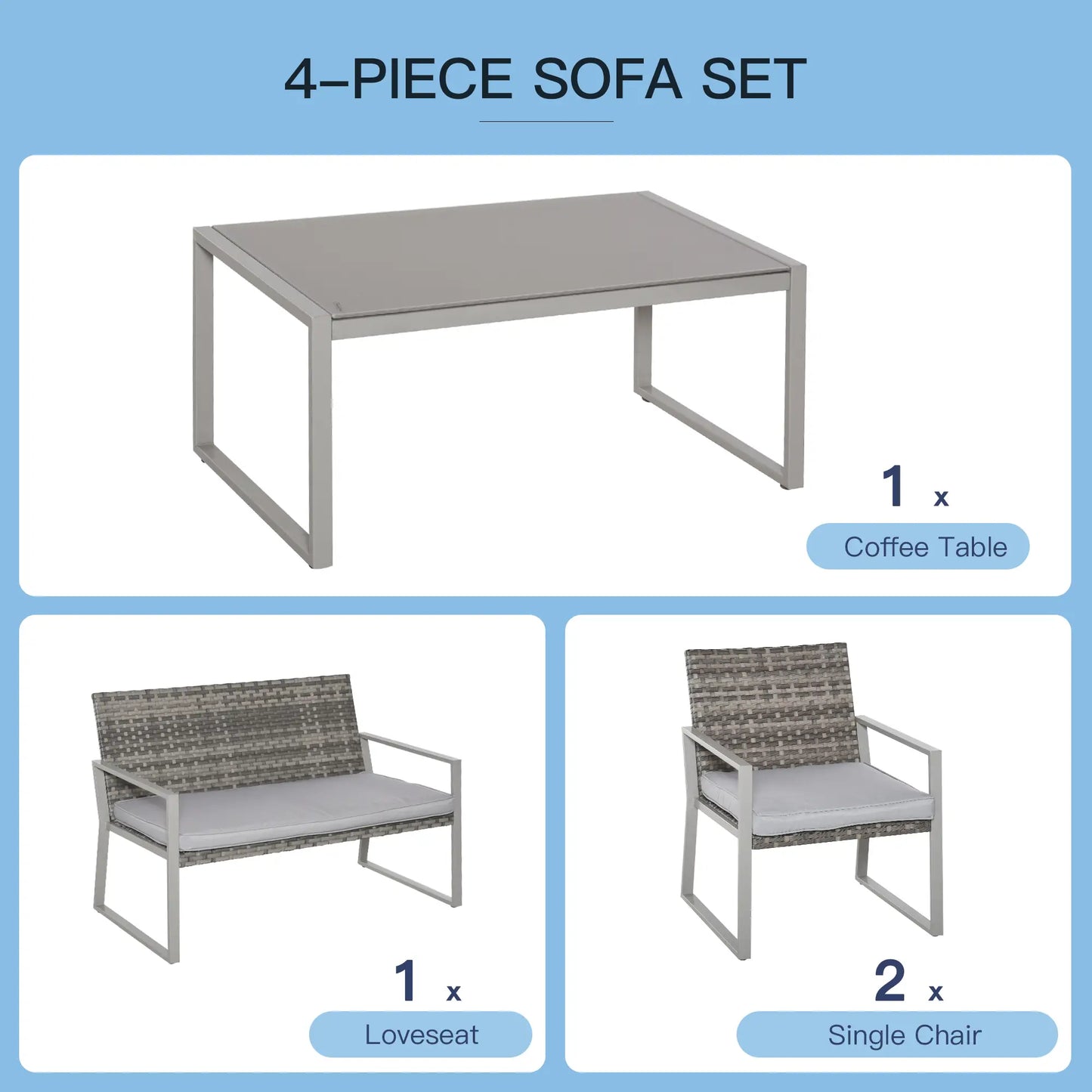 4PC Rattan Garden Furniture Set with 2 Single Sofa Arm Chairs and 1 Bench with Cushions