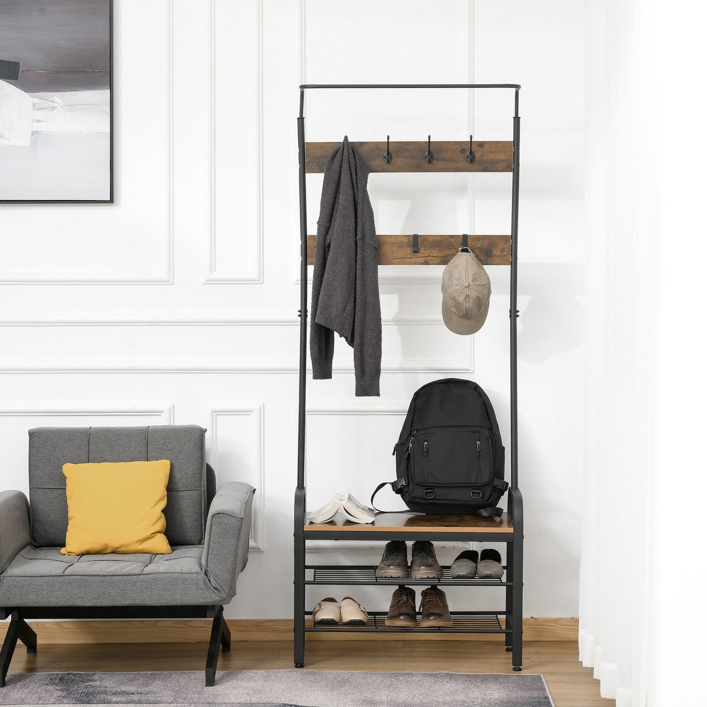 Coat and Shoe Rack Stand Industrial with Removable Hooks
