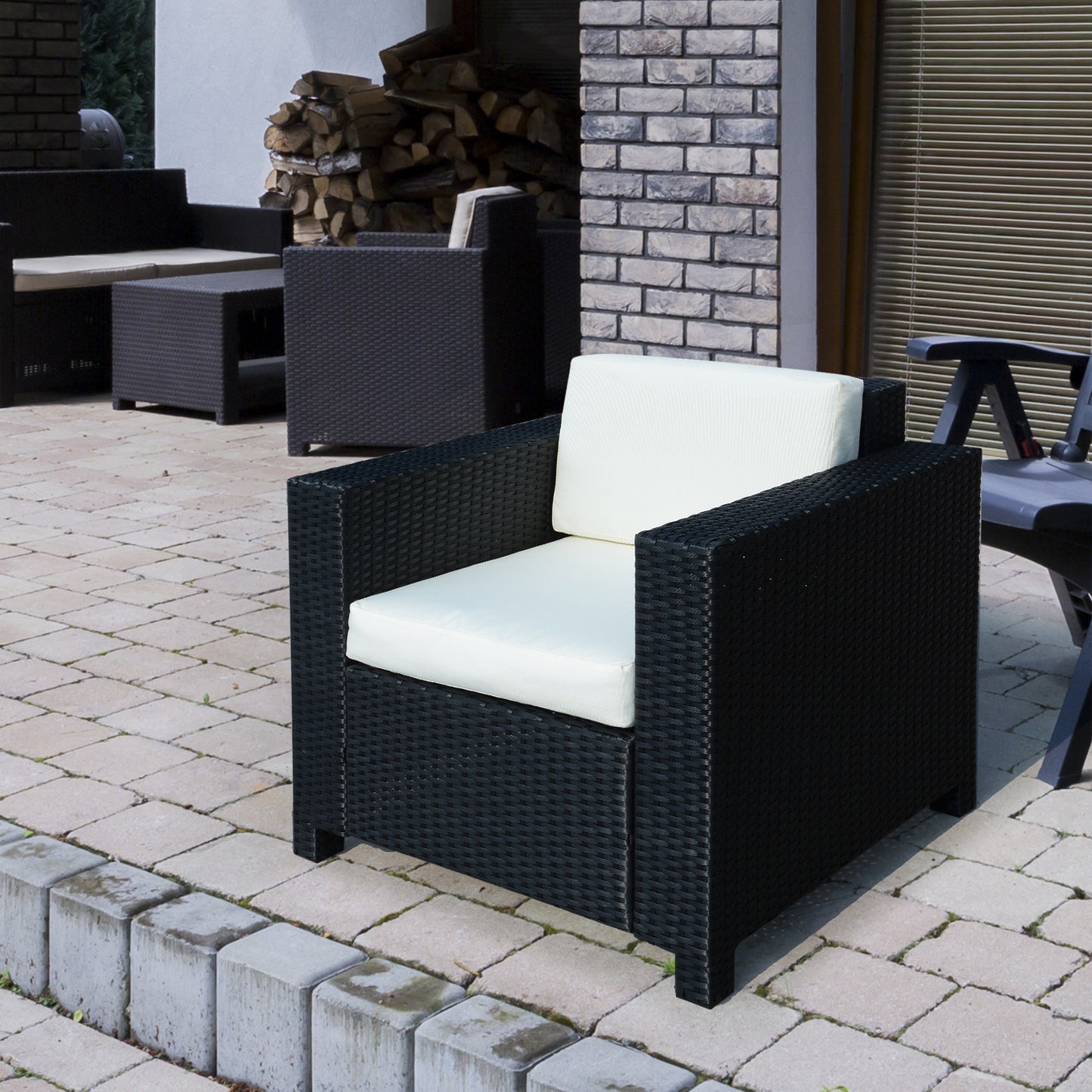 Single Seater Rattan Chair Sofa with 10 cm Thick Padded Cushion - Black