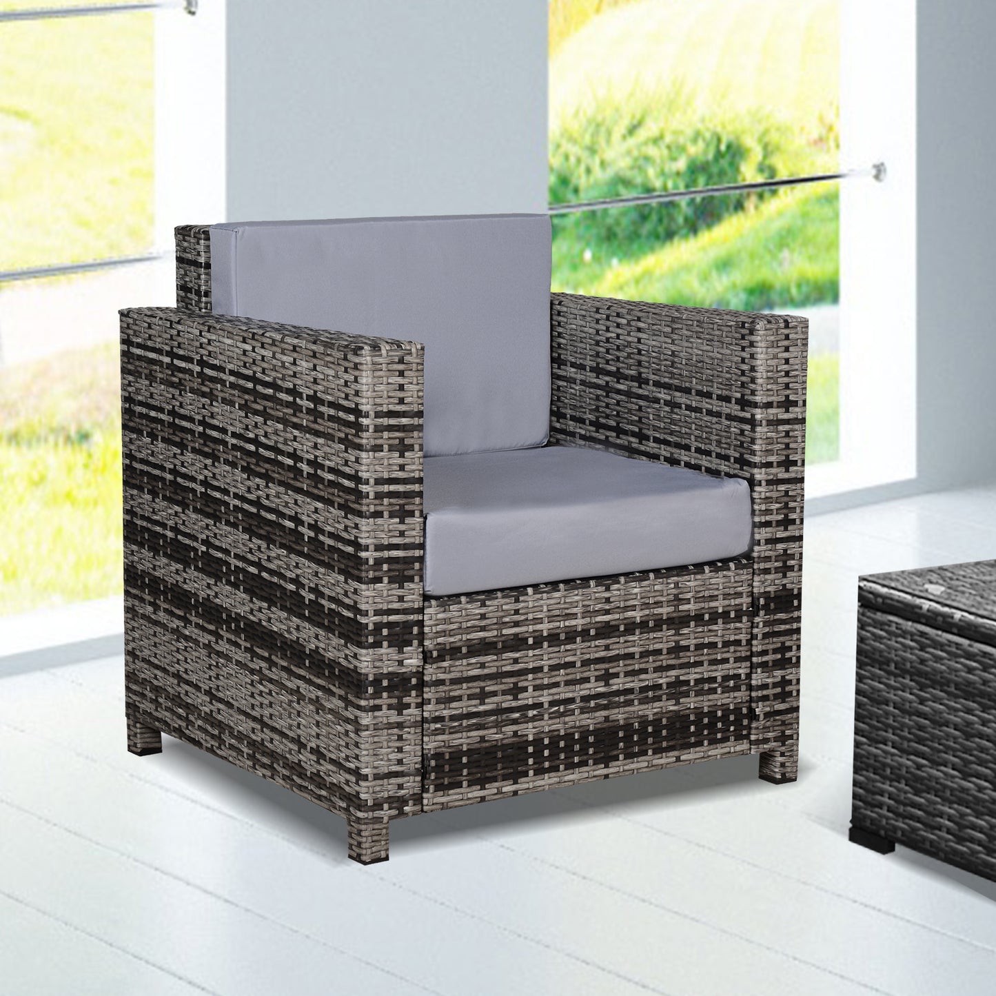 Rattan Garden Armchair 10cm Cushion Outdoor Single Chair with Steel Frame - Grey