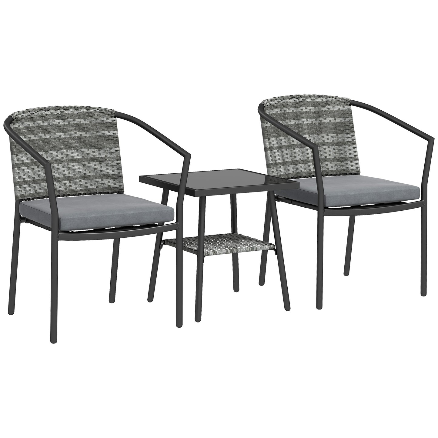 3 Pieces Rattan Bistro Set with Cushions -  Glass Top Coffee Table (in Grey)