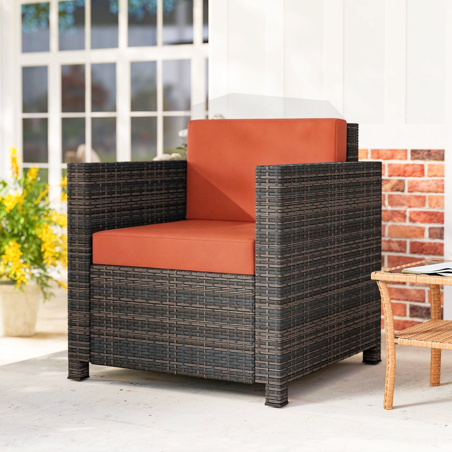 Rattan Garden Armchair with Cushion - Mixed Brown/Orange