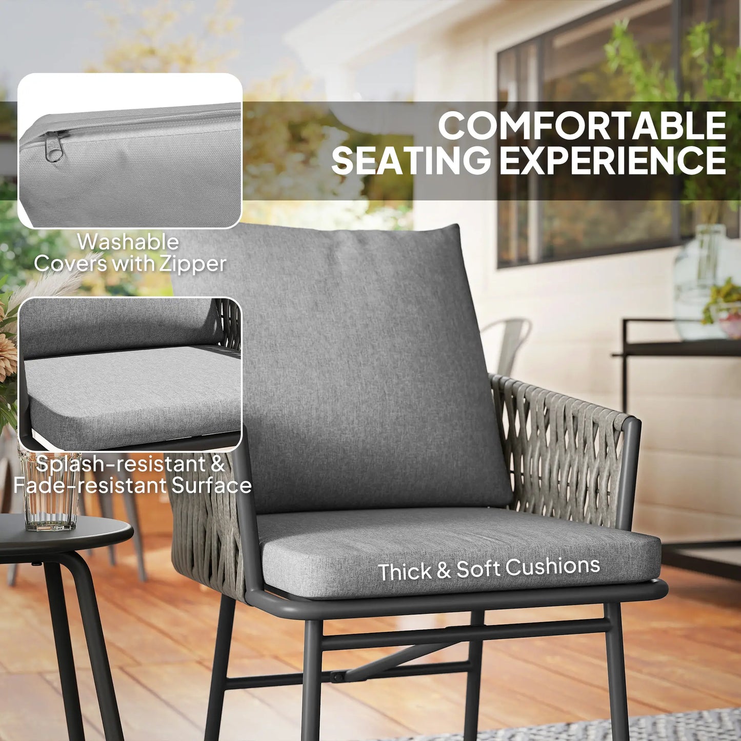 3-Piece Rattan Bistro Set, Garden Table and Chairs with 4 Cushions in Grey