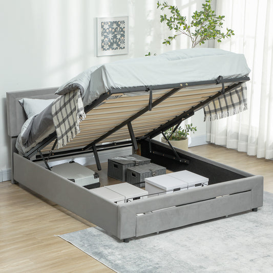 HOMCOM Double Ottoman Bed Frame with Front Drawer in Grey