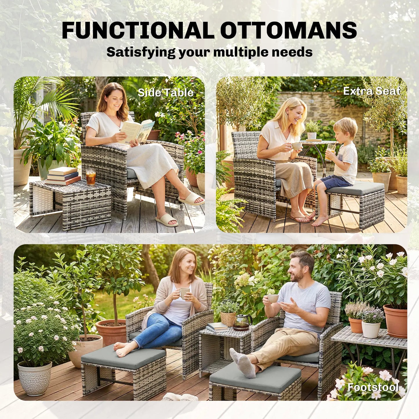 6 Piece Rattan Garden Furniture - Space-Saving Patio Furniture Set with Nesting Tables